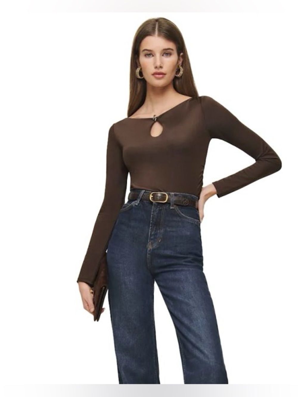 Brown Long-Sleeve Ruched Keyhole Top - Picture 6 of 7